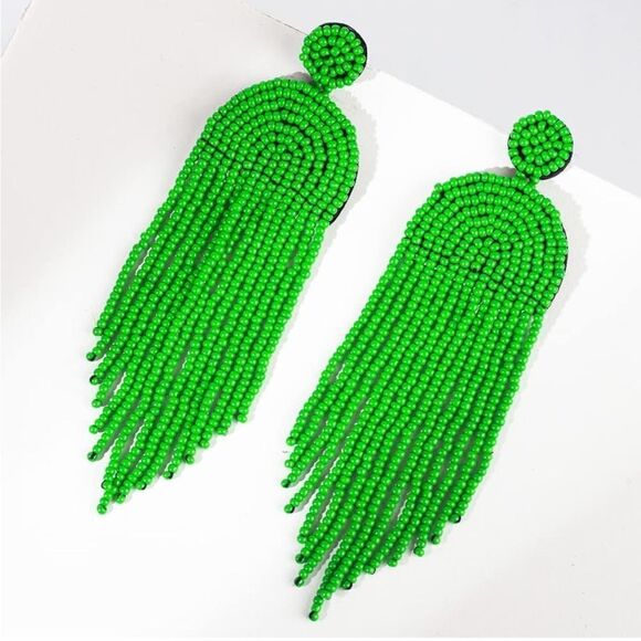 Long Boho Green Beaded Tassel Fringe Dangling Drop Fan Chandelier Post Earrings - Picture 2 of 7
